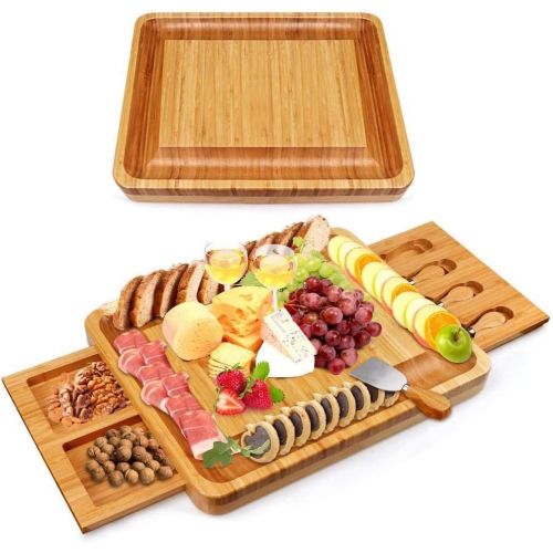  [아마존베스트]BOSSJOY Bamboo Cheese Board with Cheese Tools, Cheese Plate Charcuterie Board Platter Set Serving Tray for Wine Cracker Brie and Meat, Large Thick Wooden Server, Fancy House Warming Gift f