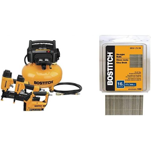  BOSTITCH Air Compressor Combo Kit, 3-Tool (BTFP3KIT) & Finish Nails, Bright, 1-3/4-Inch, 16GA, 1000-Per Box (SB16-1.75-1M)