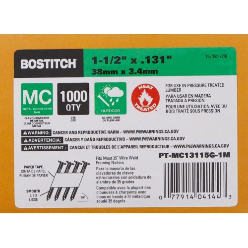  BOSTITCH Framing Nails, Paper Tape Collated, Galvanized Metal Connector, 1-1/2-Inch x .131-Inch, 1000-Pack (PT-MC13115G-1M)