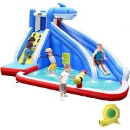 BOUNTECH Inflatable Water Slide, Shark Themed Waterslide Park for Kids Backyard Outdoor Fun w/Long Slide, Splashing Pool, 750w Blower, Blow up Water Slides Inflatables for Kids and Adults Party Gifts