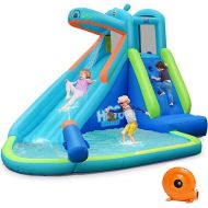 BOUNTECH Inflatable Water Slide, Hippo Themed Kids Waterslide Park for Outdoor w/Long Slide, Splashing Pool, 740w Blower, Blow up Toddler Water Slides Inflatables for Kids Adults Backyard Party Gifts