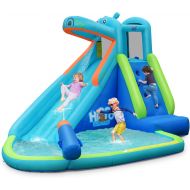 BOUNTECH Inflatable Water Slide, 5 in 1 Hippo Giant Water Park Bounce House w/Splash Pool, Climbing Wall, Water Cannon, Long Waterslide, Blow up Water Slides for Kids Backyard (Wit