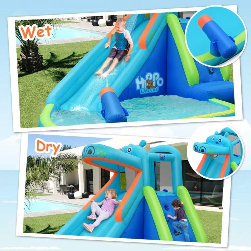  BOUNTECH Inflatable Water Slide, 5 in 1 Hippo Giant Water Park Bounce House w/Splash Pool, Climbing Wall, Water Cannon, Long Waterslide, Blow up Water Slides for Kids Backyard (Wit