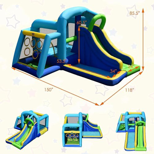  BOUNTECH Inflatable Bounce House, 5 in 1 Kids Jumping Bouncer w/ Jumping Area, Climbing, Ball Throwing Area, Slide Bouncer Jumping Castle, Including Carry Bag, Stakes, Repair Kit (