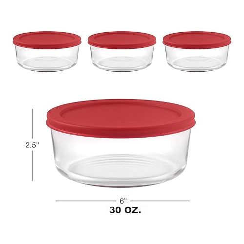  Bovado Glass 4 Cup Food Storage Containers with Red Airtight Lids 30oz/4 Cup/1 Quart (Set of 4) | Freezer-to-Oven Safe Bowls for Meal Prep, Leftovers, Baking, Cooking & Lunch | BPA-Free Kitchen Items