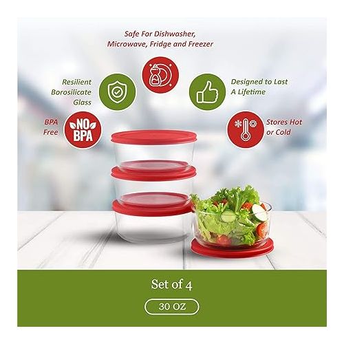  Bovado Glass 4 Cup Food Storage Containers with Red Airtight Lids 30oz/4 Cup/1 Quart (Set of 4) | Freezer-to-Oven Safe Bowls for Meal Prep, Leftovers, Baking, Cooking & Lunch | BPA-Free Kitchen Items