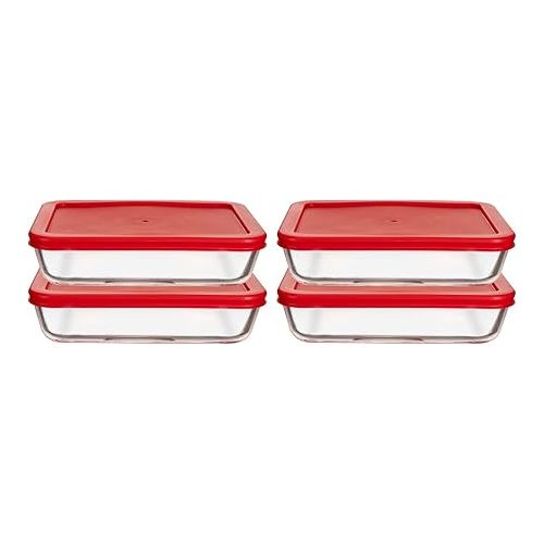  BOVADO USA 3 Cup Glass Food Storage Containers (4 Pack) | Nonpourous Dishwasher, Freezer & Oven Safe Glass, Easy-Clean | Red Lids