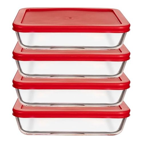  BOVADO USA 3 Cup Glass Food Storage Containers (4 Pack) | Nonpourous Dishwasher, Freezer & Oven Safe Glass, Easy-Clean | Red Lids