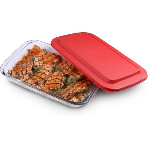  Bovado USA 7 x 12 Inch Glass Oven Baking Dish High-Grade Borosilicate Glass 2.3 Qt Capacity with Airtight Premium Plastic Lid Nonstick, Dishwasher Safe, Freezer-to-Oven Oblong Cass