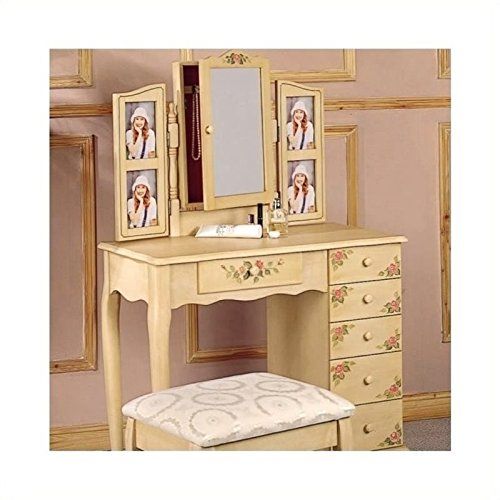  BOWERY HILL Hand Painted Wood Makeup Vanity Table Set with Mirror in Ivory