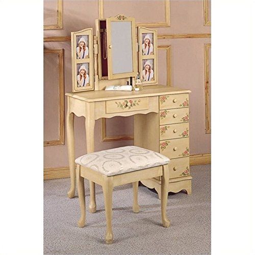  BOWERY HILL Hand Painted Wood Makeup Vanity Table Set with Mirror in Ivory