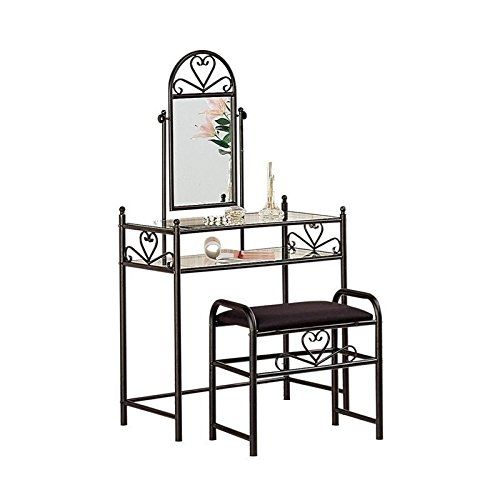  BOWERY HILL Frosted Black Wrought Iron Makeup Vanity Table Set with Mirror in Black Velour