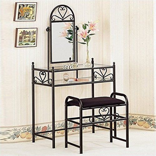  BOWERY HILL Frosted Black Wrought Iron Makeup Vanity Table Set with Mirror in Black Velour