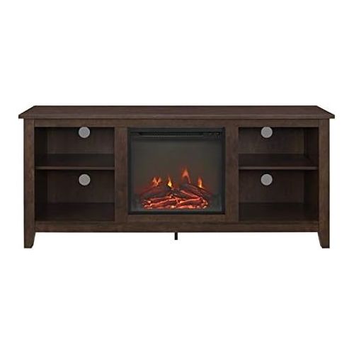  BOWERY HILL 58 Minimal Farmhouse Electric Fireplace TV Stand Console Rustic Wood Entertainment Center with Storage, for TVs up to 64, in Brown