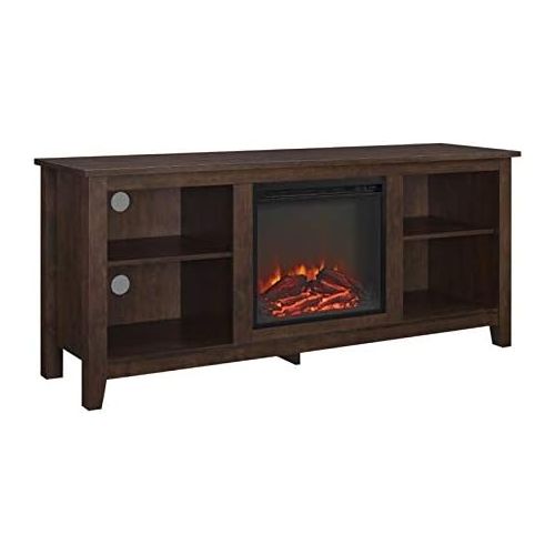  BOWERY HILL 58 Minimal Farmhouse Electric Fireplace TV Stand Console Rustic Wood Entertainment Center with Storage, for TVs up to 64, in Brown