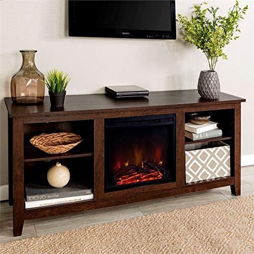  BOWERY HILL 58 Minimal Farmhouse Electric Fireplace TV Stand Console Rustic Wood Entertainment Center with Storage, for TVs up to 64, in Brown