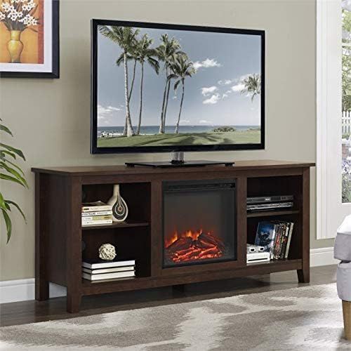  BOWERY HILL 58 Minimal Farmhouse Electric Fireplace TV Stand Console Rustic Wood Entertainment Center with Storage, for TVs up to 64, in Brown