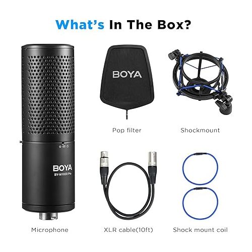  BOYA XLR Large Diaphragm Studio Condenser Microphone, 48V Phantom Power Vocal Recording Mic for Singing Podcast, Project Home Audio YouTube Facebook Streaming (BY-M1000 Pro)