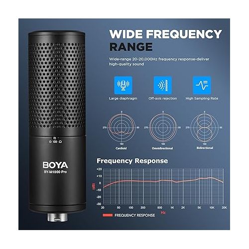  BOYA XLR Large Diaphragm Studio Condenser Microphone, 48V Phantom Power Vocal Recording Mic for Singing Podcast, Project Home Audio YouTube Facebook Streaming (BY-M1000 Pro)