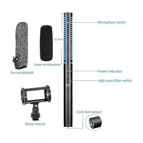  BOYA XLR Microphone, Shotgun Microphone BY-BM6060 with Shockmount Windscreen Mic for Camera DSLR External Condenser Professional Microphones for Video Interview ENG Film