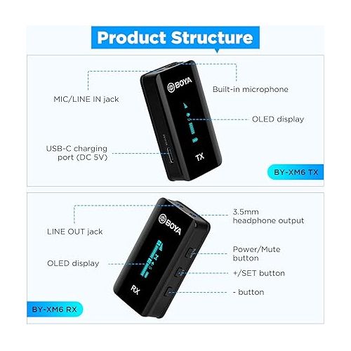 BOYA BY-XM6-K2 Wireless Lavalier Microphone with Charging Case & Mono/Stero,2.4GHz OLED Diplay Wireless Lapel Mic for YouTube,Tiktok Vlogging,Live Stream, Video Recording