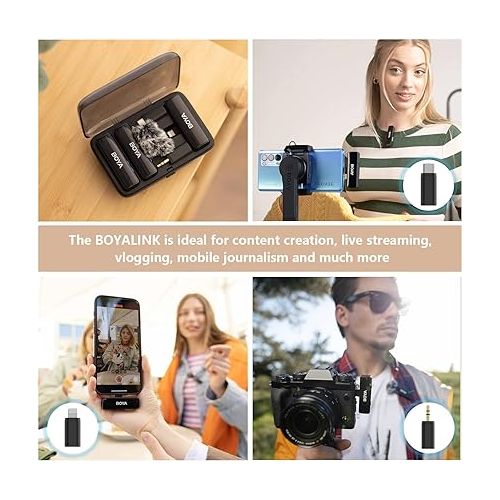  BOYA BOYALINK Wireless Lavalier Microphone for iPhone Android Camera Vlogging, All-in-One Lapel Dual Mic System & Lightning & USB-C Inputs & Battery Case for Smartphones DSLR YouTube Facebook Live