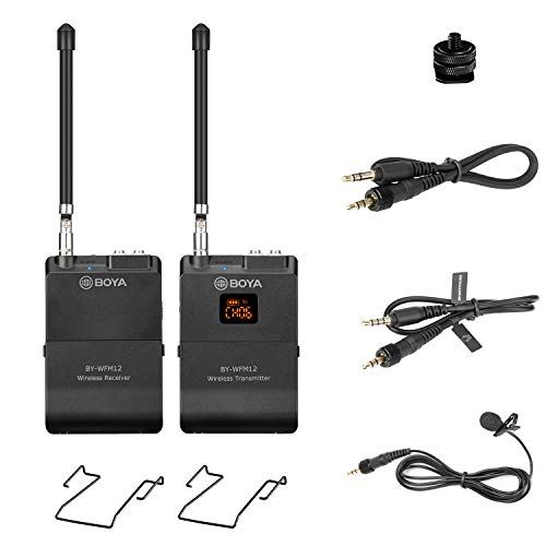  Professional Wireless Lavalier Mic, BOYA BY-WFM12 12-Channels VHF Transmitter and Receiver System for DSLR,Camera,Canon,Sony,Nikon,iOS,iPhone X 8 7 6 Smartphone,Panasonic,DV Camcor