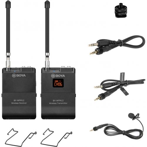  Professional Wireless Lavalier Mic, BOYA BY-WFM12 12-Channels VHF Transmitter and Receiver System for DSLR,Camera,Canon,Sony,Nikon,iOS,iPhone X 8 7 6 Smartphone,Panasonic,DV Camcor
