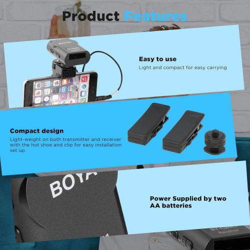  BOYA 2.4G Wireless Lavalier Microphone System Compatible with Android iPhone Tablet Canon Nikon Sony DSLR Camera Camcorder Video Recording Interview Podcast