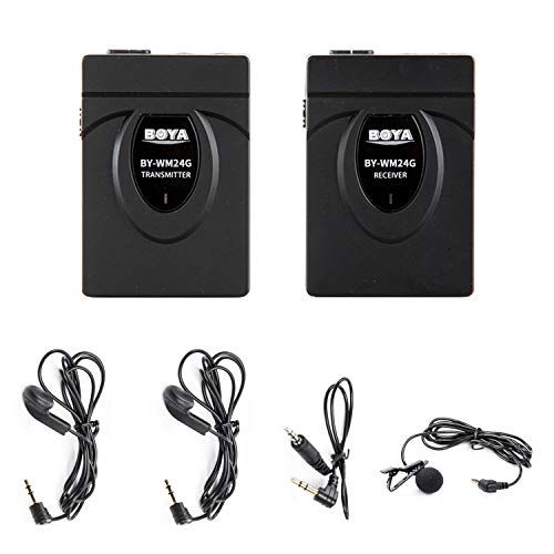  BOYA 2.4GHz Wireless Lavalier Microphone System Real-time Monitor Interphone Kit Compatible with DSLR Cameras, Camcorders, iPhone, Android Smartphones, and Tablets