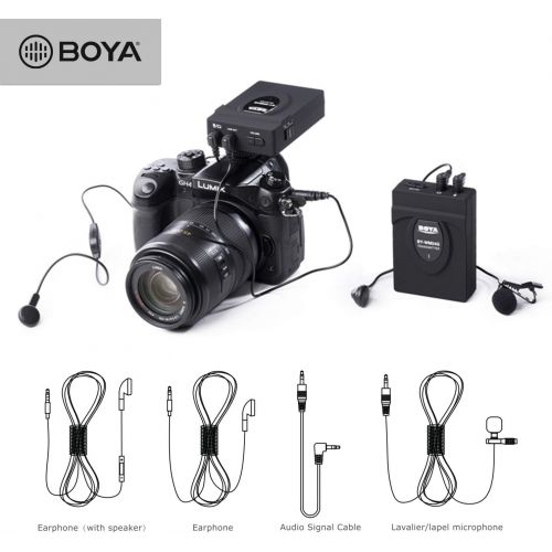  BOYA 2.4GHz Wireless Lavalier Microphone System Real-time Monitor Interphone Kit Compatible with DSLR Cameras, Camcorders, iPhone, Android Smartphones, and Tablets