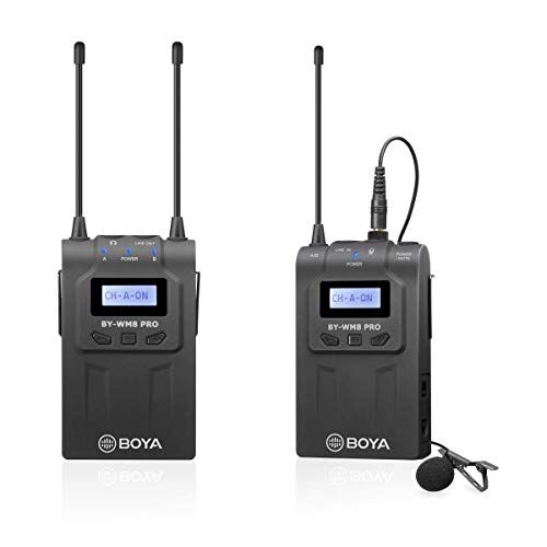  Wireless Lavalier Microphone System, BOYA 48-Channel UHF Lapel Mic with 1 Bodypack Transmitter&1 Portable Receiver Compatible with Canon Nikon Sony DSLR Camera,XLR Camcorder,SmartP