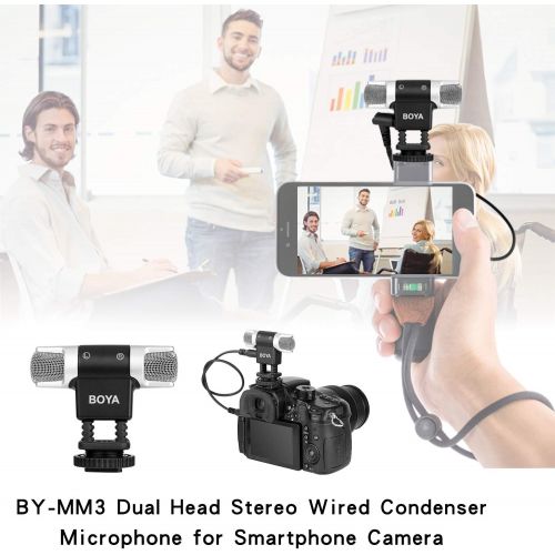  BOYA MM3 Compact Condenser Stereo Video Microphone Including Shock Mount, Foam & Deadcat Windscreens, Case Compatible with iPhone/Andoid Smartphones, Canon Nikon DSLR Cameras and C