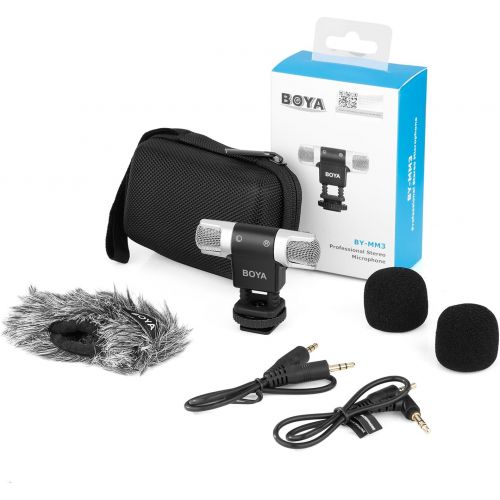  BOYA MM3 Compact Condenser Stereo Video Microphone Including Shock Mount, Foam & Deadcat Windscreens, Case Compatible with iPhone/Andoid Smartphones, Canon Nikon DSLR Cameras and C