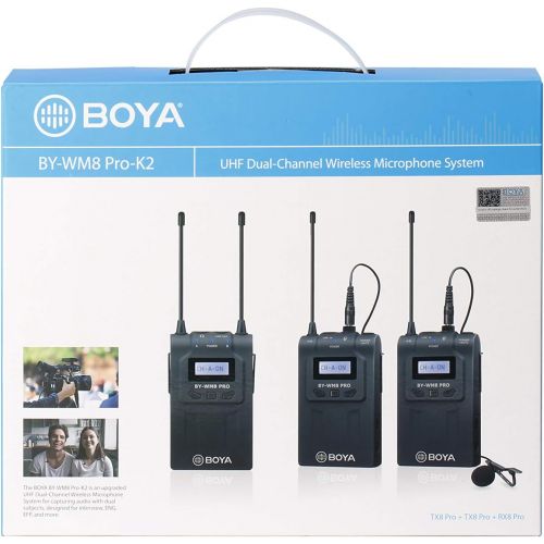  48-Channel UHF Wireless Lavalier Microphone System, BOYA WM8 Pro Microphone Two Transmitters& One Receiver Compatible for Canon Nikon Sony DSLR Camera,Camcorder, iPhone Smartphone