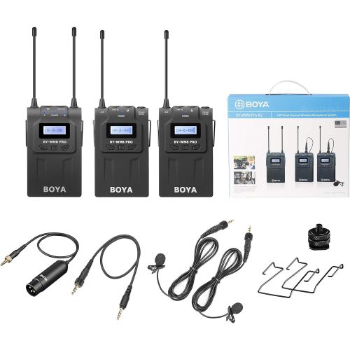  48-Channel UHF Wireless Lavalier Microphone System, BOYA WM8 Pro Microphone Two Transmitters& One Receiver Compatible for Canon Nikon Sony DSLR Camera,Camcorder, iPhone Smartphone