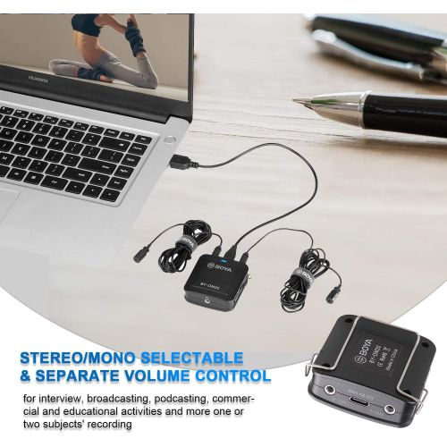  BOYA BY-DM20 Compact Dual-Channel Lavalier Microphone Recording Mic Kit Mono and Stereo Mode with iOS Lighnting Andriod Type-c USB Port Compatible with iPhone iOS Devices, Type-C A