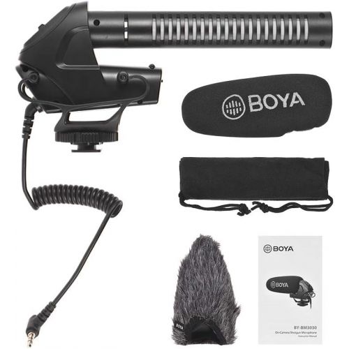  Boya BOYA BY-BM3031 On-Camera Shotgun Condenser Microphone Supercardioid 3-Level Gain Control Low-Cut Filter 3.5mm Plug with Windscreens Carry Pouch for DSLR Cameras Camcorders with And