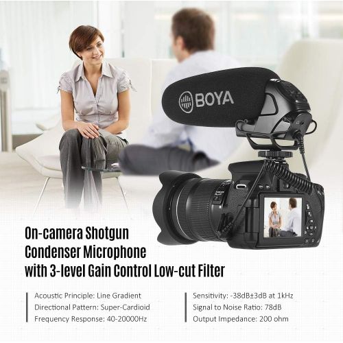  Boya BOYA BY-BM3031 On-Camera Shotgun Condenser Microphone Supercardioid 3-Level Gain Control Low-Cut Filter 3.5mm Plug with Windscreens Carry Pouch for DSLR Cameras Camcorders with And