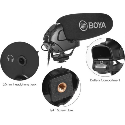  Boya BOYA BY-BM3031 On-Camera Shotgun Condenser Microphone Supercardioid 3-Level Gain Control Low-Cut Filter 3.5mm Plug with Windscreens Carry Pouch for DSLR Cameras Camcorders with And