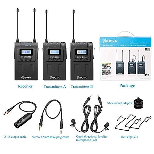  BOYA WM8 Pro-K2 UHF Wireless Lavalier Microphone System Audio Recorder with 2 Bodypack Transmitters, 1 Portable Receiver Compatible for Canon Nikon Sony Panasonic DSLR Camera,XLR C