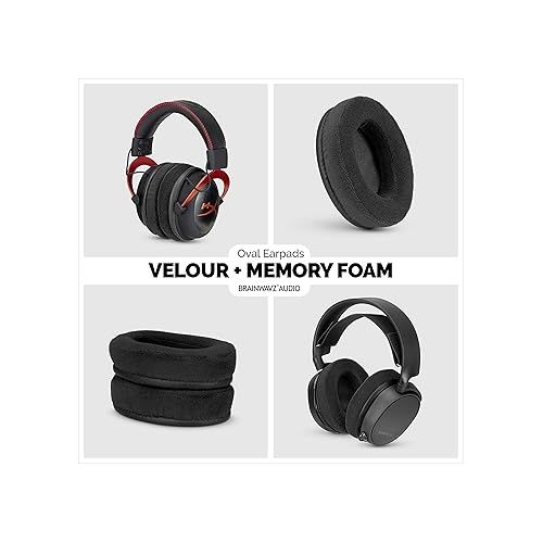  Velor Replacement Ear Pads for HyperX Cloud & Alpha, ATH M50X, Steelseries Arctis, Logitech G Pro & More Headphones, Soft Velour, Memory Foam & Long Lasting Earpads by Brainwavz - Black