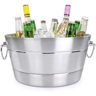 BREKX Stainless Brushed Steel Beverage Tub, Double Wall Insulated Anchored Ribbed Drink Tub & Ice Bucket with Double Hinged Handles, Drink Chiller for Parties, Round, 12QT (3 Gallon), 100% Leak Proof