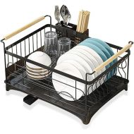 BRIAN & DANY Dish Drying Rack with Drip Tray, Stainless Steel Dish Drainer with Wooden Handles and Cutlery Holder, 18.4 x 12.5 x 9 inches, Black