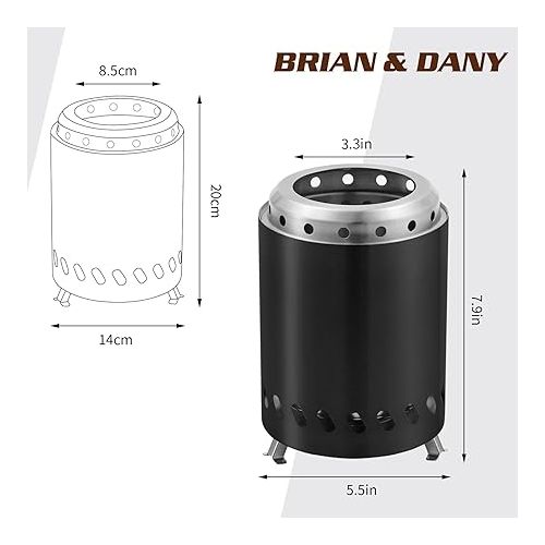  BRIAN & DANY Tabletop Solo Fire Pit with Stand, Smokeless Firepit for Outside, Stainless Steel Stove Bonfire, Fueled by Pellets or Wood, Includes Glove, Travel Bag & Fireproof Mat - 7.9 x 5.5in,Black