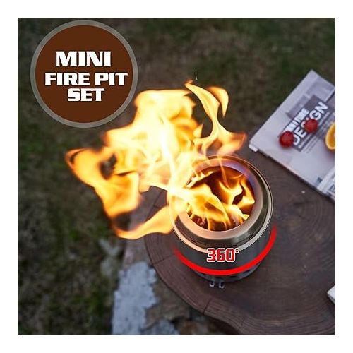  BRIAN & DANY Tabletop Solo Fire Pit with Stand, Smokeless Firepit for Outside, Stainless Steel Stove Bonfire, Fueled by Pellets or Wood, Includes Glove, Travel Bag & Fireproof Mat - 7.9 x 5.5in,Black