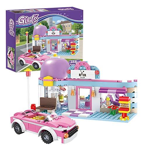  BRICK STORY Girls Friends Hair Salon Building Blocks Toys 358 Pieces Shampoo Bed Swivel Chair Counter Pink Convertible Car Bricks Toys for Girls 6-12 Education Construction Play Set for Kids 4