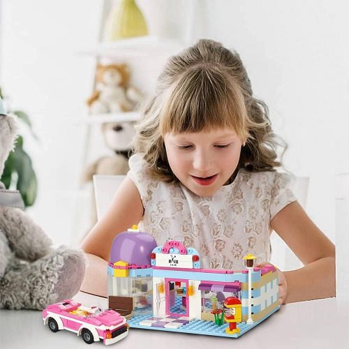  BRICK STORY Girls Friends Hair Salon Building Blocks Toys 358 Pieces Shampoo Bed Swivel Chair Counter Pink Convertible Car Bricks Toys for Girls 6-12 Education Construction Play Set for Kids 4