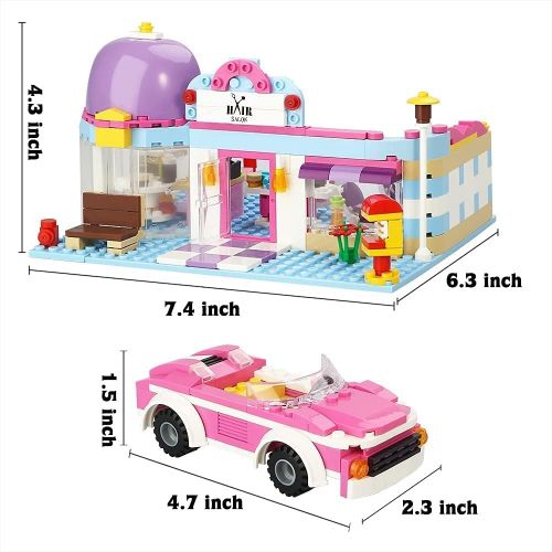  BRICK STORY Girls Friends Hair Salon Building Blocks Toys 358 Pieces Shampoo Bed Swivel Chair Counter Pink Convertible Car Bricks Toys for Girls 6-12 Education Construction Play Set for Kids 4