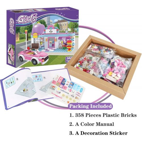  BRICK STORY Girls Friends Hair Salon Building Blocks Toys 358 Pieces Shampoo Bed Swivel Chair Counter Pink Convertible Car Bricks Toys for Girls 6-12 Education Construction Play Set for Kids 4